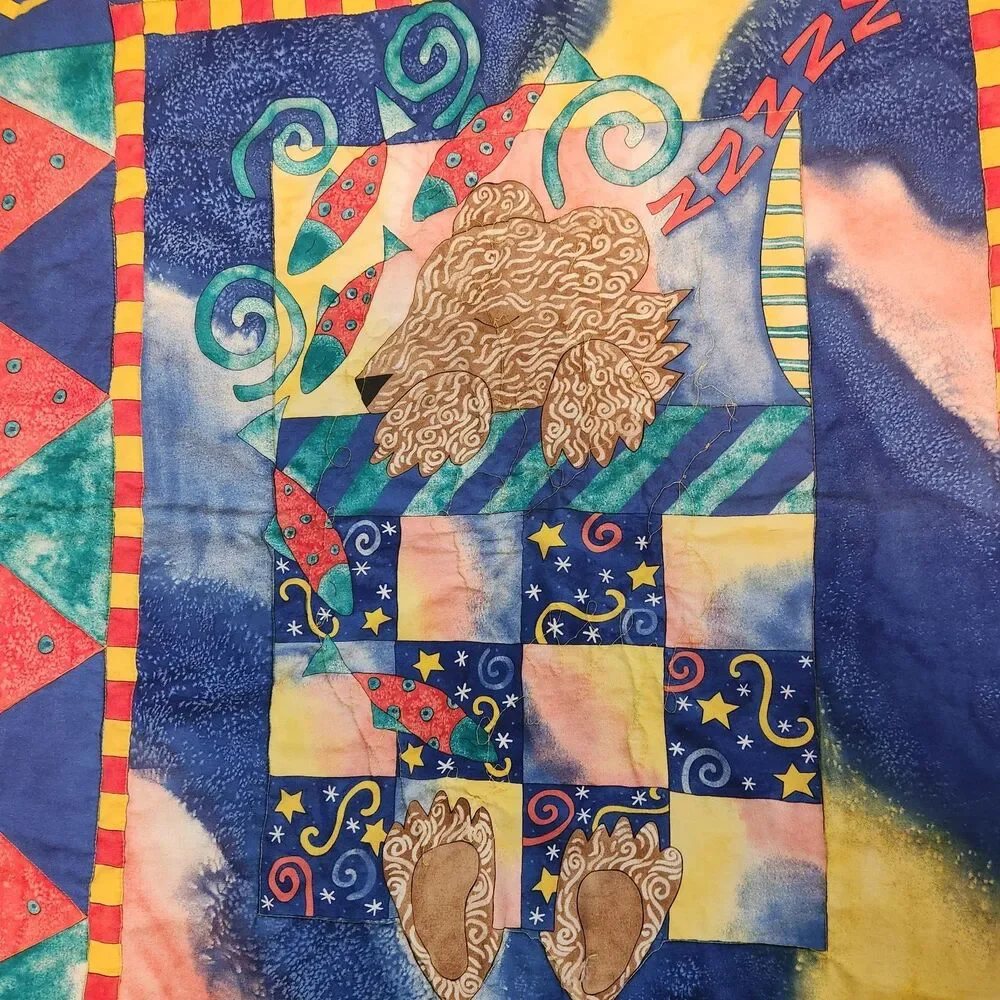 Handmade Sleeping Teddy Bear Quilt 37x 32